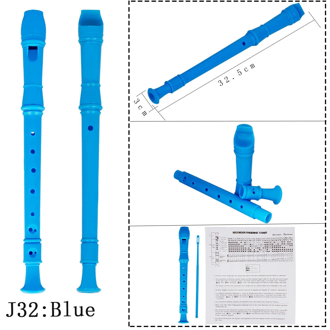 8-Hole ABS Recorder Long Flute for Kids & Beginners, Colorful Woodwind Instrument with Cleaning Rod (12.8 in / 32.5 cm)