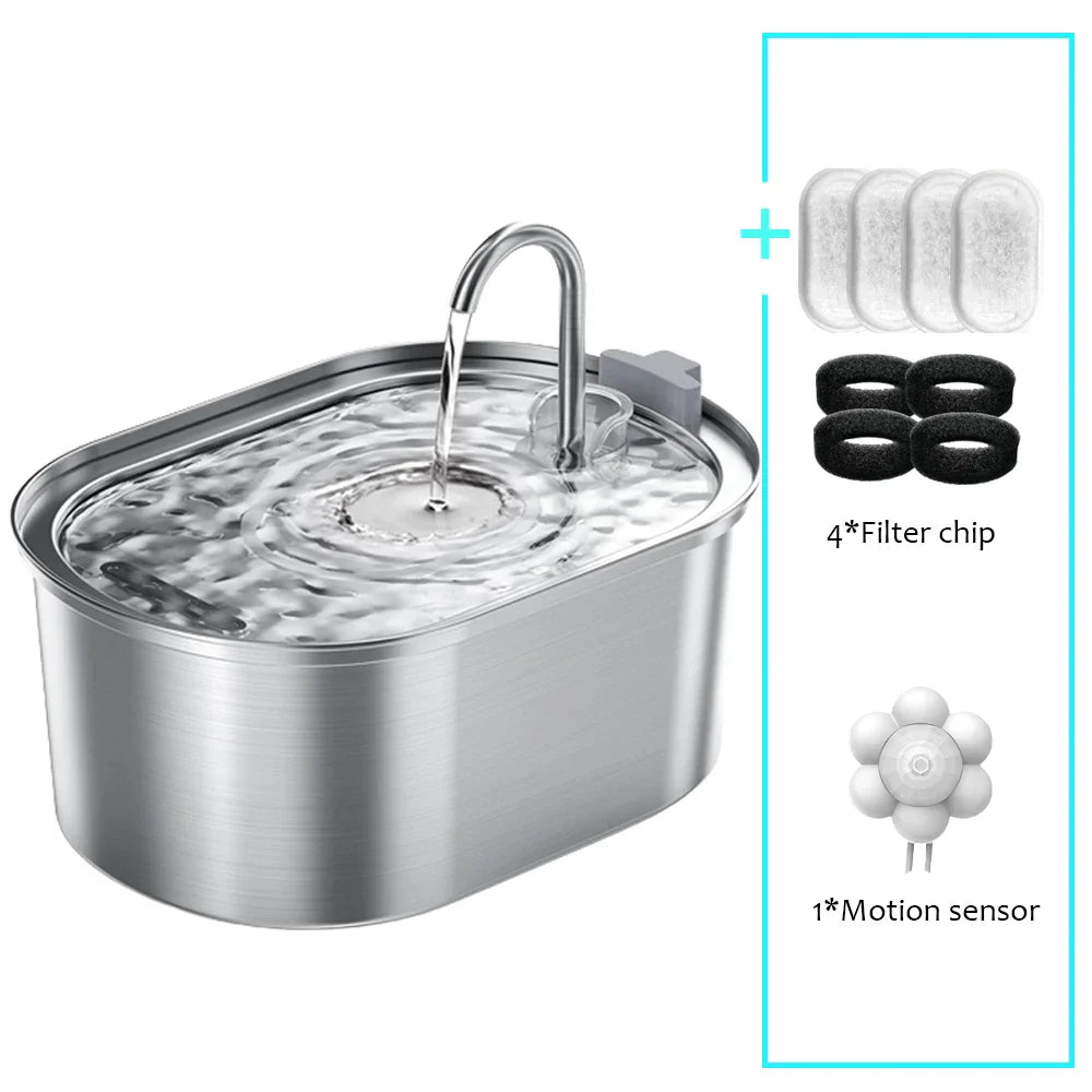 3.2L (108 oz) Stainless Steel Automatic Pet Water Fountain – USB Rechargeable, Ultra-Quiet 20 dB Pump, Double Filter for Cats & Dogs, Motion Sensor