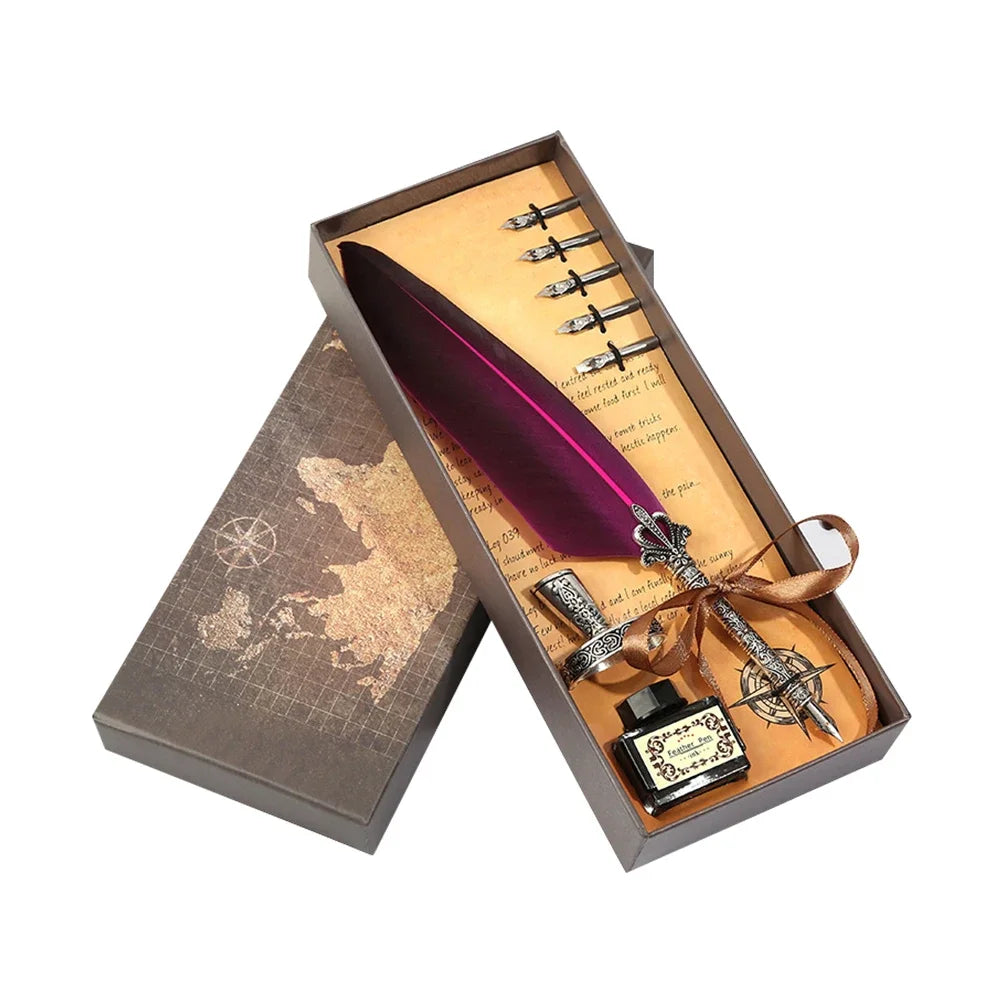 Retro Feather Dip Pen Calligraphy Set with Ink, 5 Nibs & Wax Seal Kit – Quill Writing Set for Stationery, Crafts & Gifts