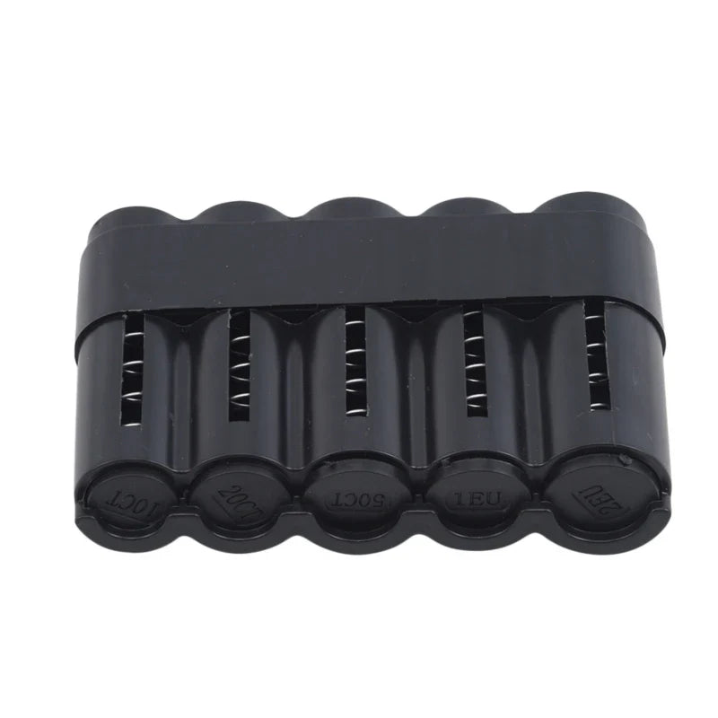Stackable Euro Coin Organizer & Dispenser - Plastic Multi-Denomination Coin Storage Box, Black/Transparent