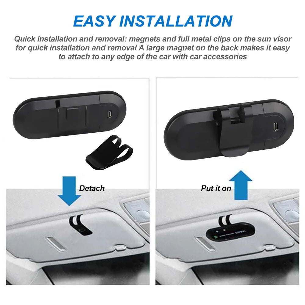 Bluetooth 4.1 Hands-Free Car Speakerphone Sun Visor Clip – Wireless Stereo Speaker with Mic, 10m Range
