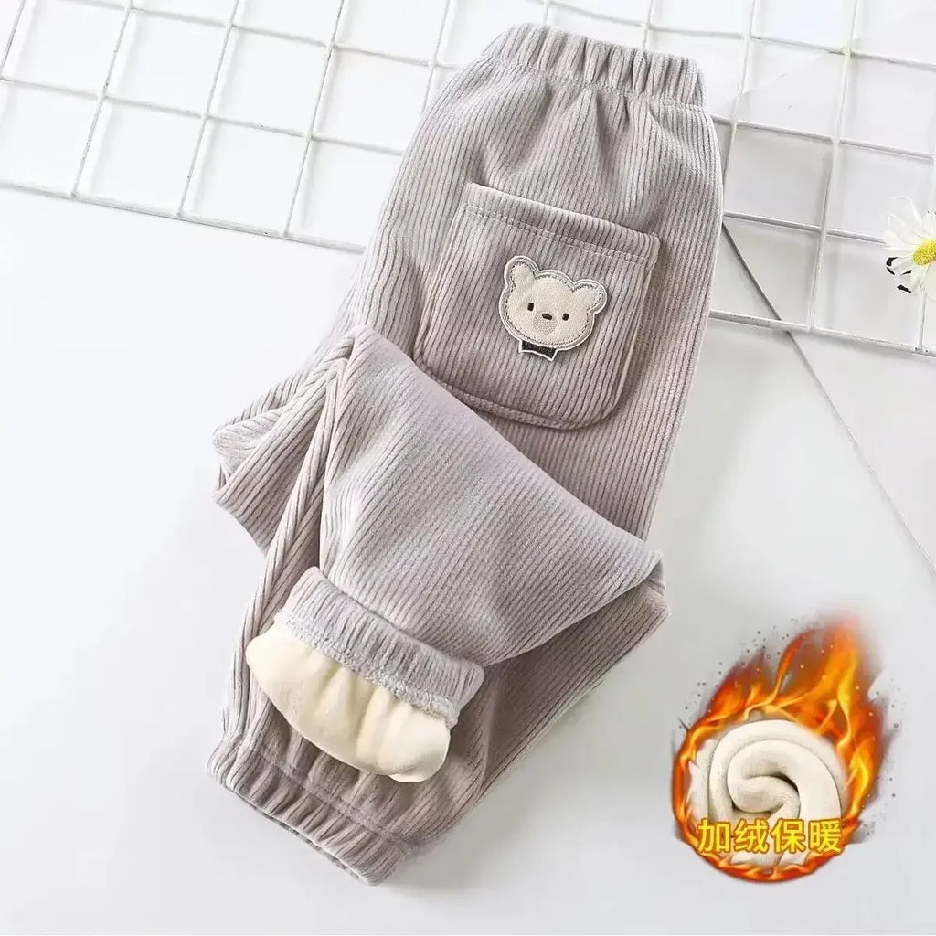 Kids Fleece-Lined Corduroy Harem Pants – Warm Autumn Winter Unisex Bear Print Casual Trousers