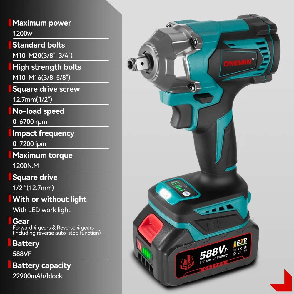 Brushless Cordless Impact Wrench 1200 N·m 1/2 inch (12.7 mm) 3-Function 18V Portable Electric Torque Wrench