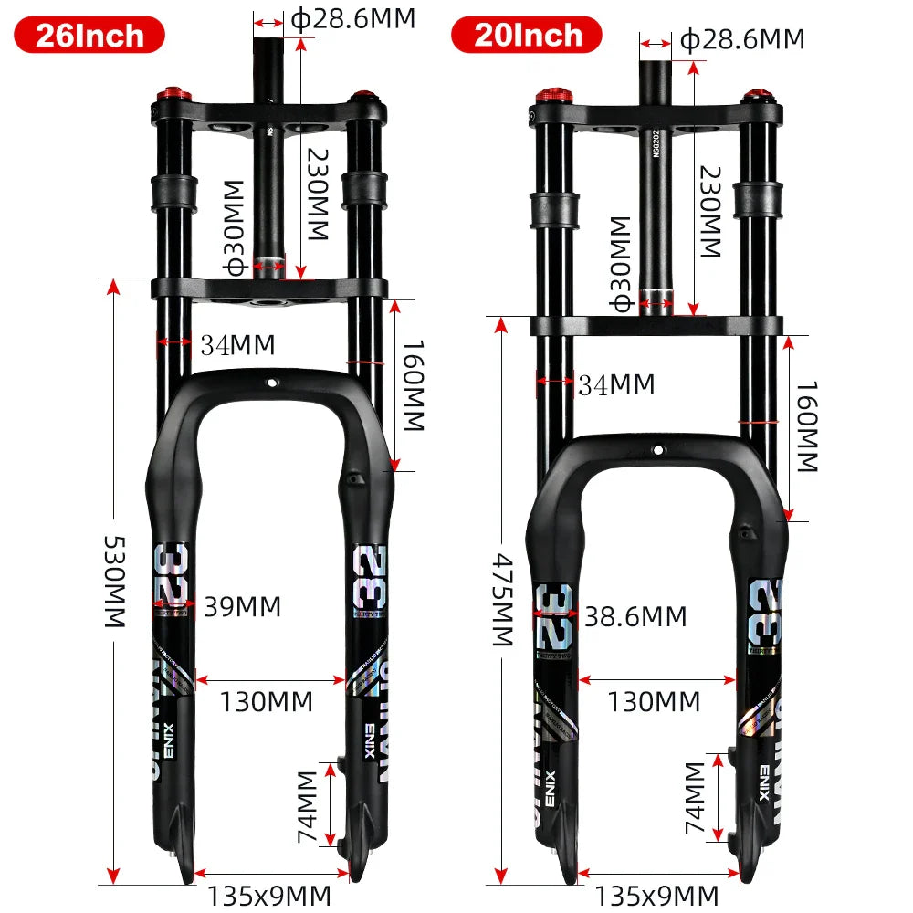 E-Bike Snow Front Suspension Fork 20x4.0 / 26x4.0 in | 135mm Dropout | Air + Oil MTB Fork, 330mm Travel
