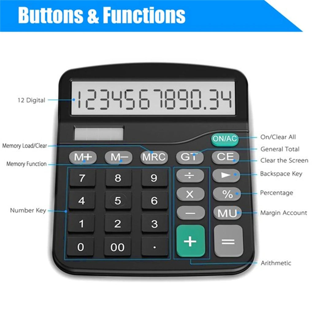 12-Digit Solar and Battery Dual Power Portable Desktop Calculator for Home Office School Accounting