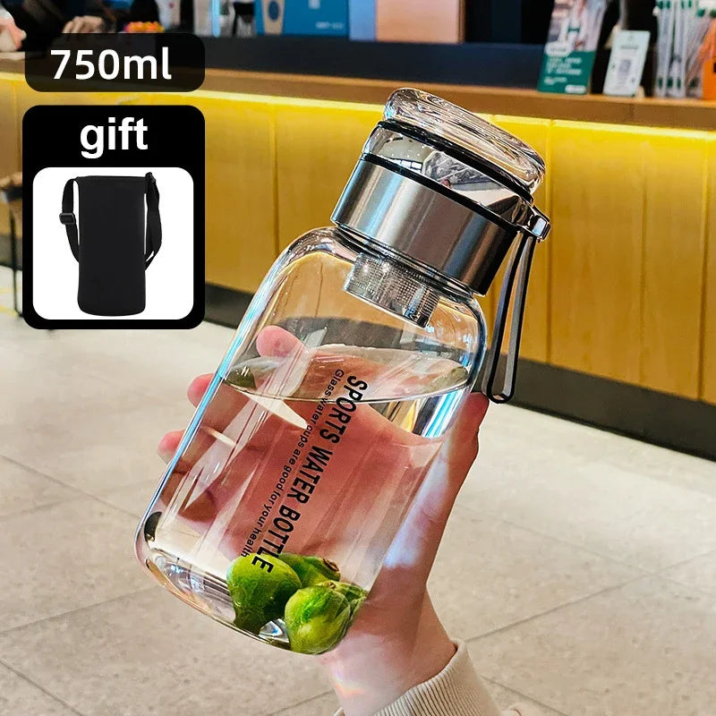 2L (67.6 fl oz) Borosilicate Glass Water Bottle – Leakproof Portable Bottle with Sleeve, Handle & Tea Filter