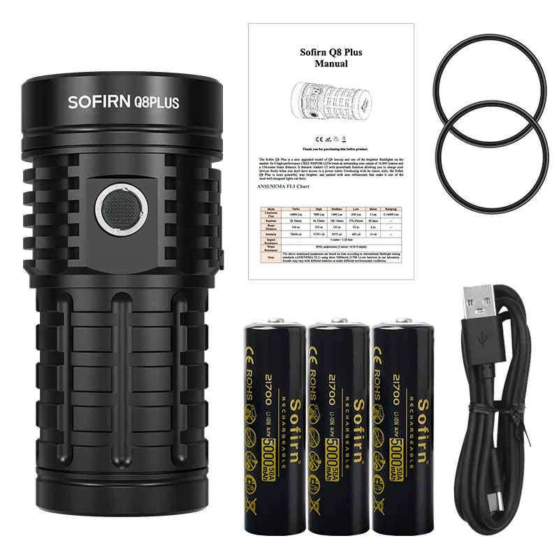 Super Powerful 16,000 Lumen LED Flashlight USB-C Rechargeable 3×21700 Batteries Reverse Charging IP68 Outdoor Tactical