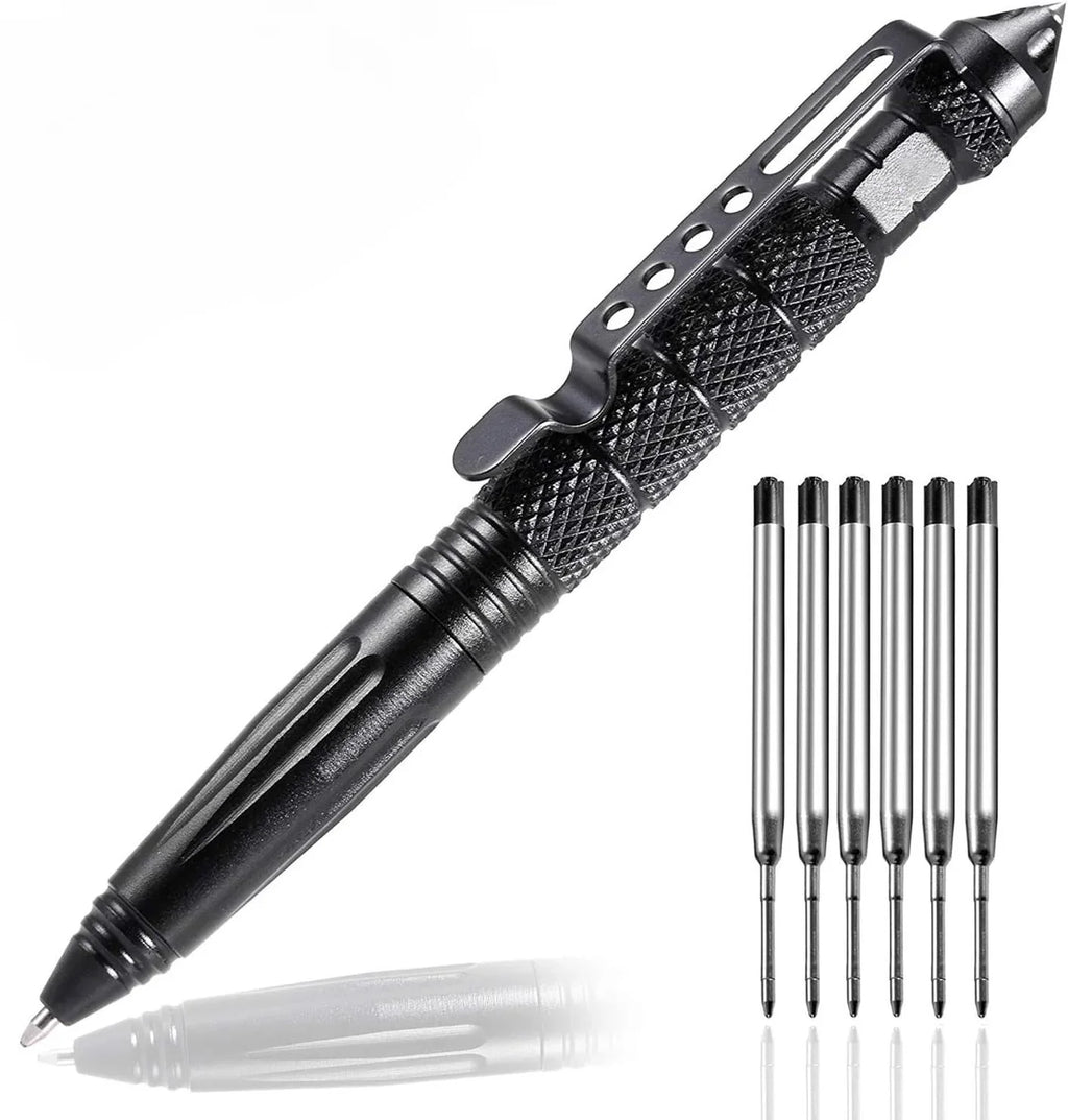 Tactical Self-Defense Pen — Emergency Glass Breaker with Tungsten Steel Tip, Aviation Aluminum Body, Includes 6 Refills