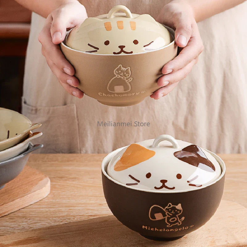 Japanese Style Ceramic Soup Bowl with Lid Cute Cat Cartoon Porcelain Noodle & Rice Bowl