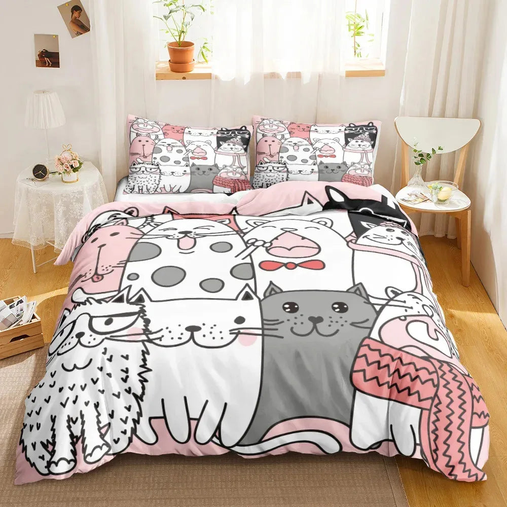 3-Piece Cute Cat Duvet Cover Set - Single-Sided Printed Cartoon Comforter Cover with Pillowcases
