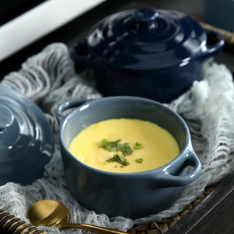 Porcelain Double-Handle Ceramic Bowl with Lid — Microwave & Steam Safe (13×7.5×9.8 cm | 5.12×2.95×3.86 in) for Steamed Eggs, Pudding & Soup