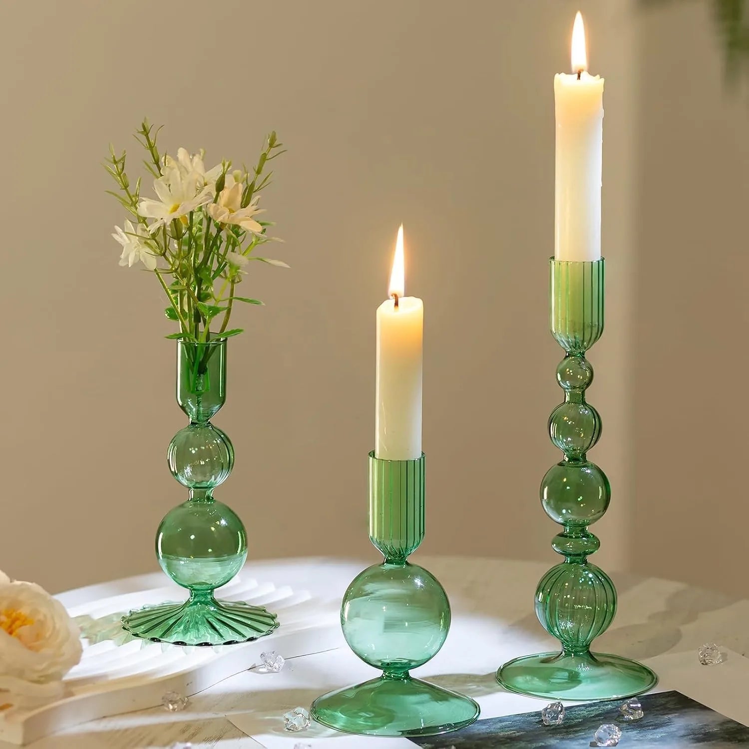 3-Piece Glass Taper Candle Holders and Flower Vases for Wedding Table Centerpiece