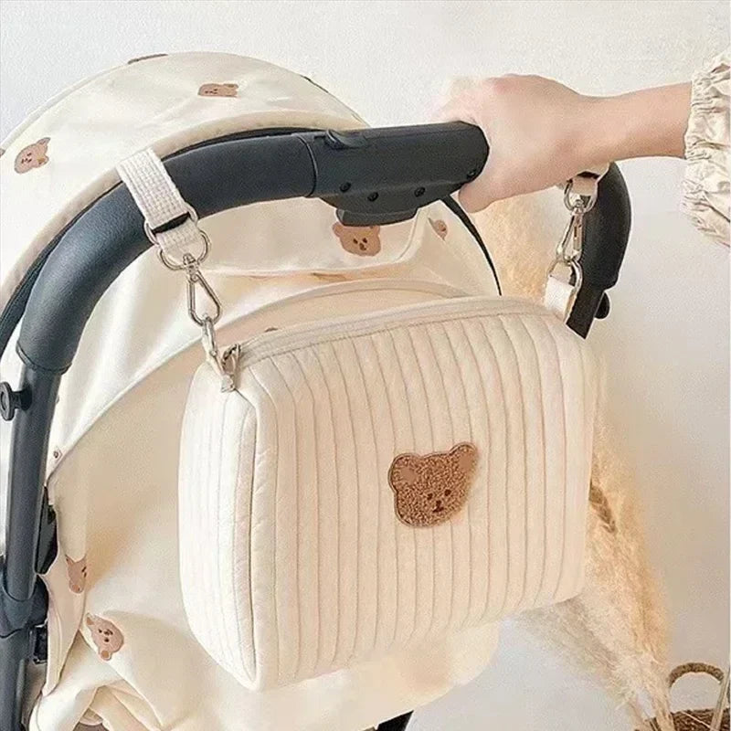 Quilted Stroller Organizer Bag – Portable Hanging Diaper Caddy with Embroidered Detail, Compact (9.8 x 6.3 x 3.1 in / 25 x 16 x 8 cm)