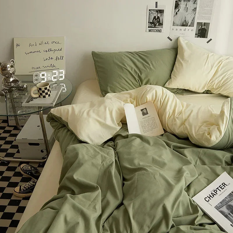 Washed Cotton Solid 4-Piece Bedding Set – 1.5 m (5 ft / 60 in) & 1.8 m (6 ft / 72 in) Duvet Cover, Fitted Sheet & Envelope Pillowcases