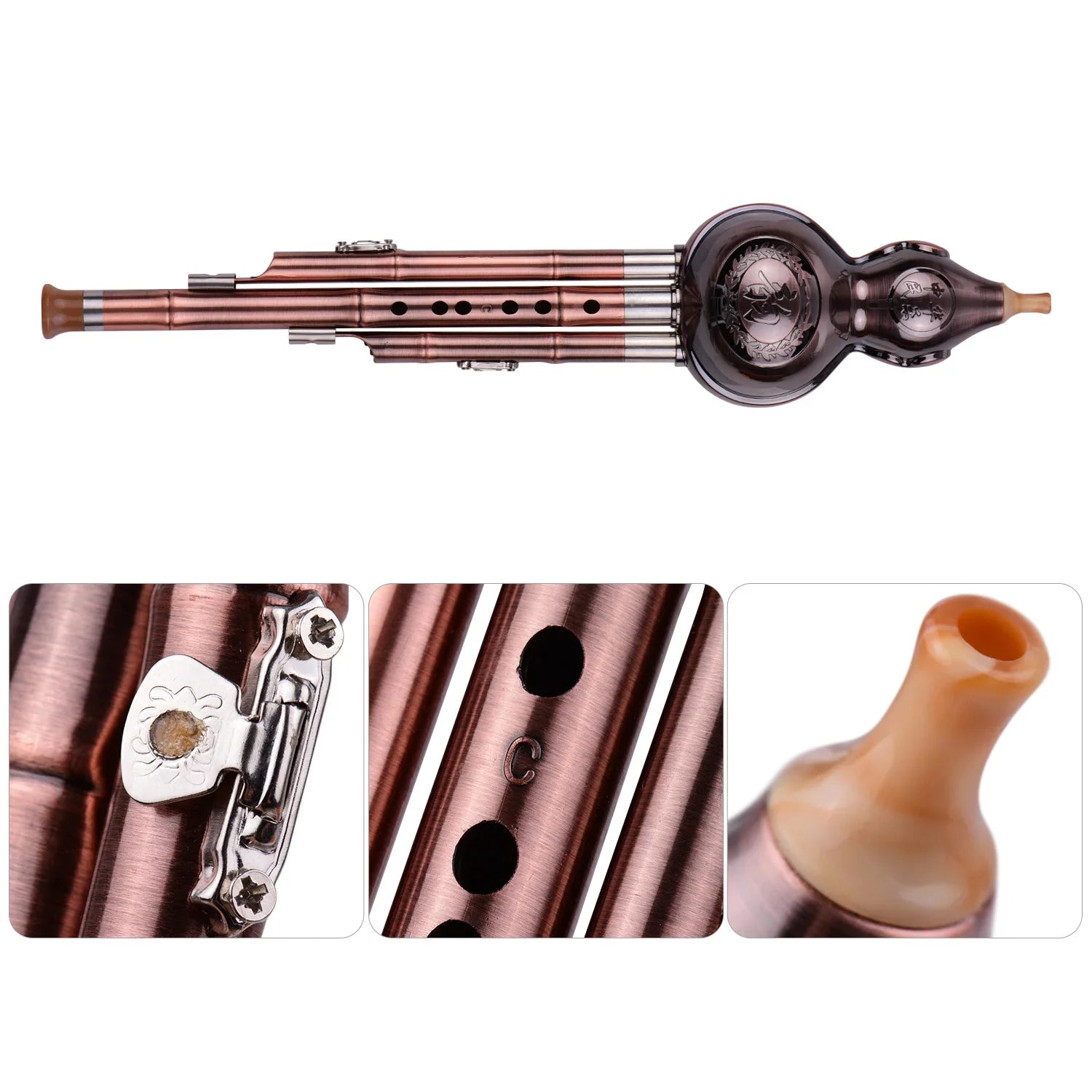 C-Key Hulusi 3-Tone Gourd Flute – Aluminum Body with Copper-Plated Pipes, Case & Decorative Knot