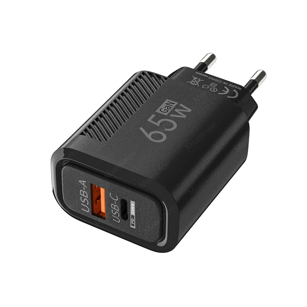 65W GaN 2-Port USB-C PD & QC3.0 Fast Charger - USB-A + USB-C Wall Adapter, EU/US Plug for Smartphones