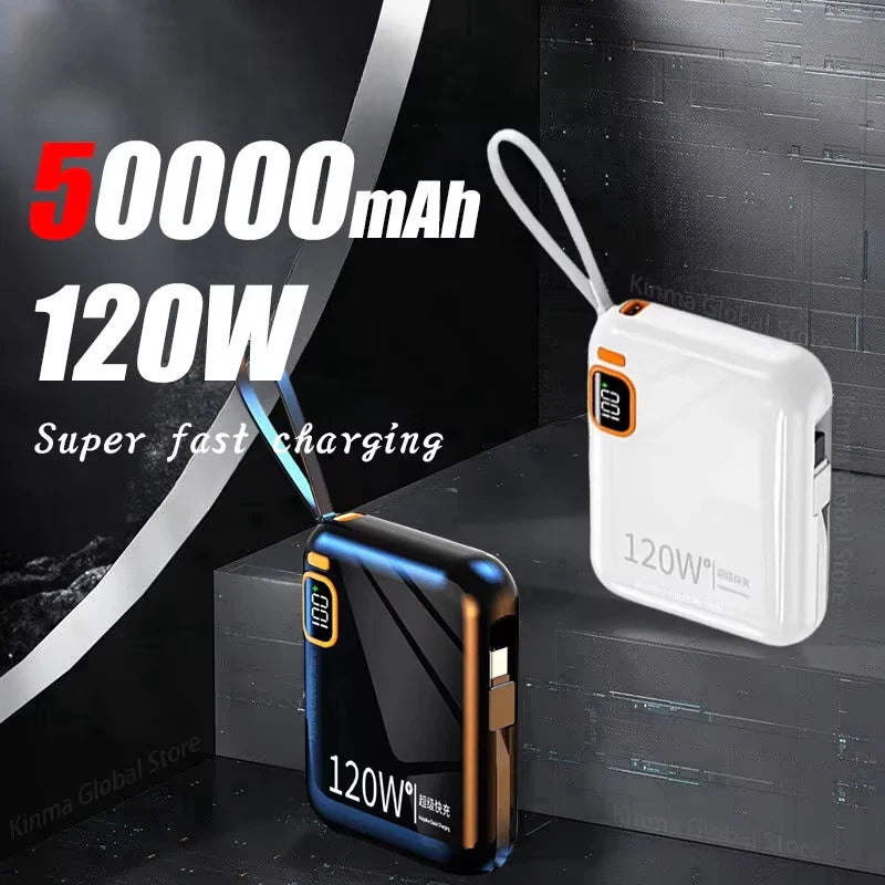 120W 50000mAh Portable Power Bank - Built-in Cables, LED Display & Flashlight, Two-Way Fast Charging for iPhone Samsung