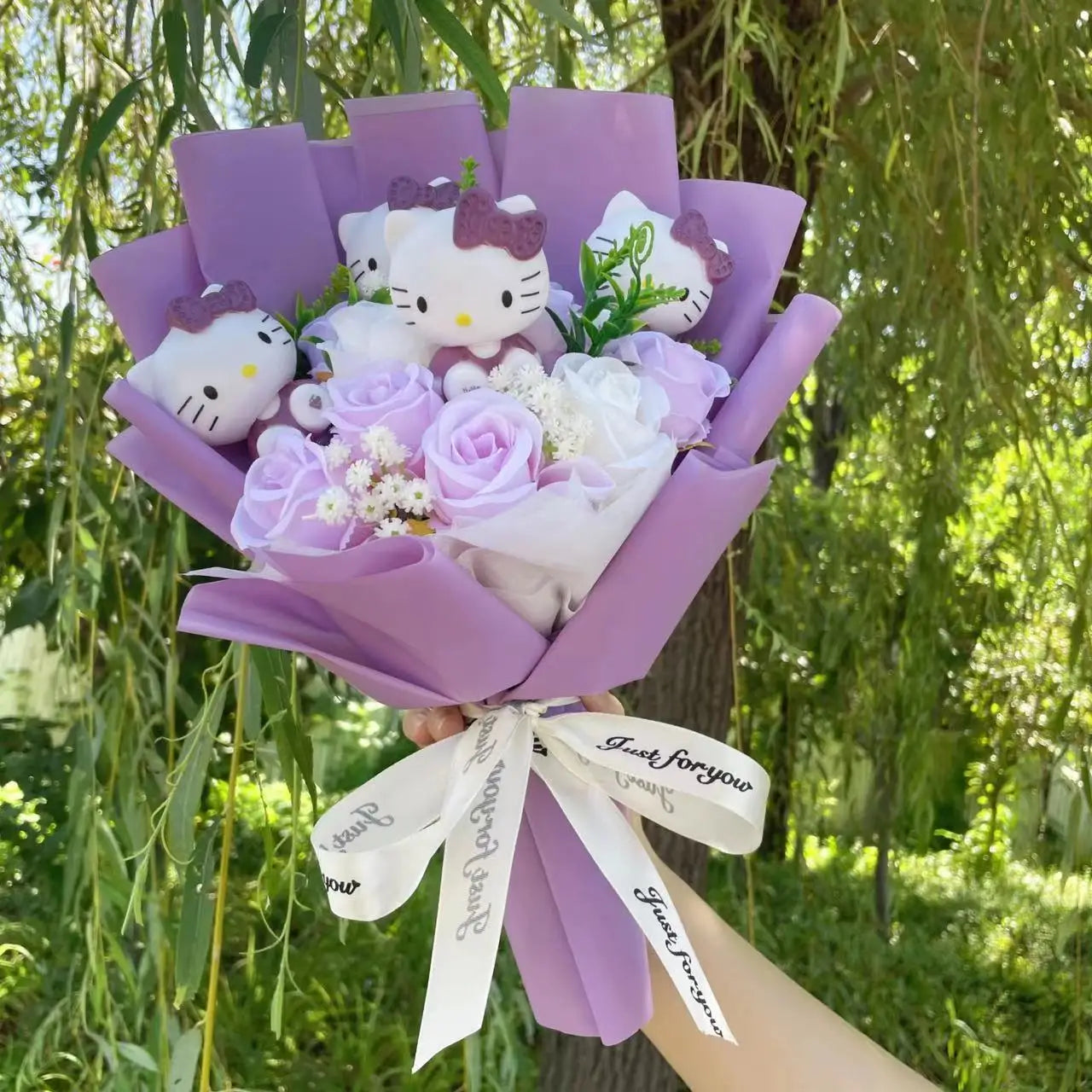 Kawaii Cat Plush Bouquet with Artificial Flowers — Cute Plush Doll Gift for Her, Valentine, Birthday, Graduation