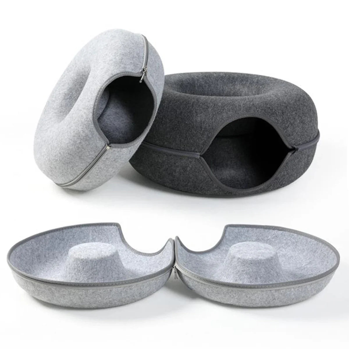Donut Tunnel Cat Bed – Interactive Felt Cat House, Washable Zipper Design, All-Season Cozy Kitty Bed (M: 50 x 50 x 20 cm / 19.7 x 19.7 x 7.9 in; L: 60 x 60 x 28 cm / 23.6 x 23.6 x 11.0 in)