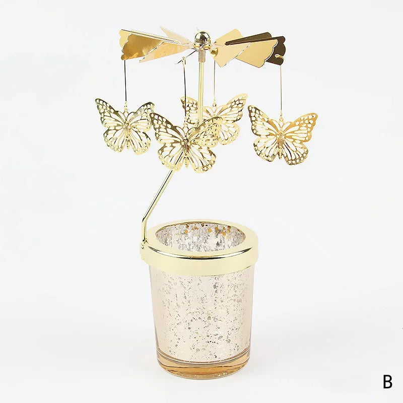 Rotating Tea Light Candle Holder Carousel Stand 6.7x3.1in (17x8cm) Metal Spinning Candlestick Gold Silver Home Party Christmas Decor Gift