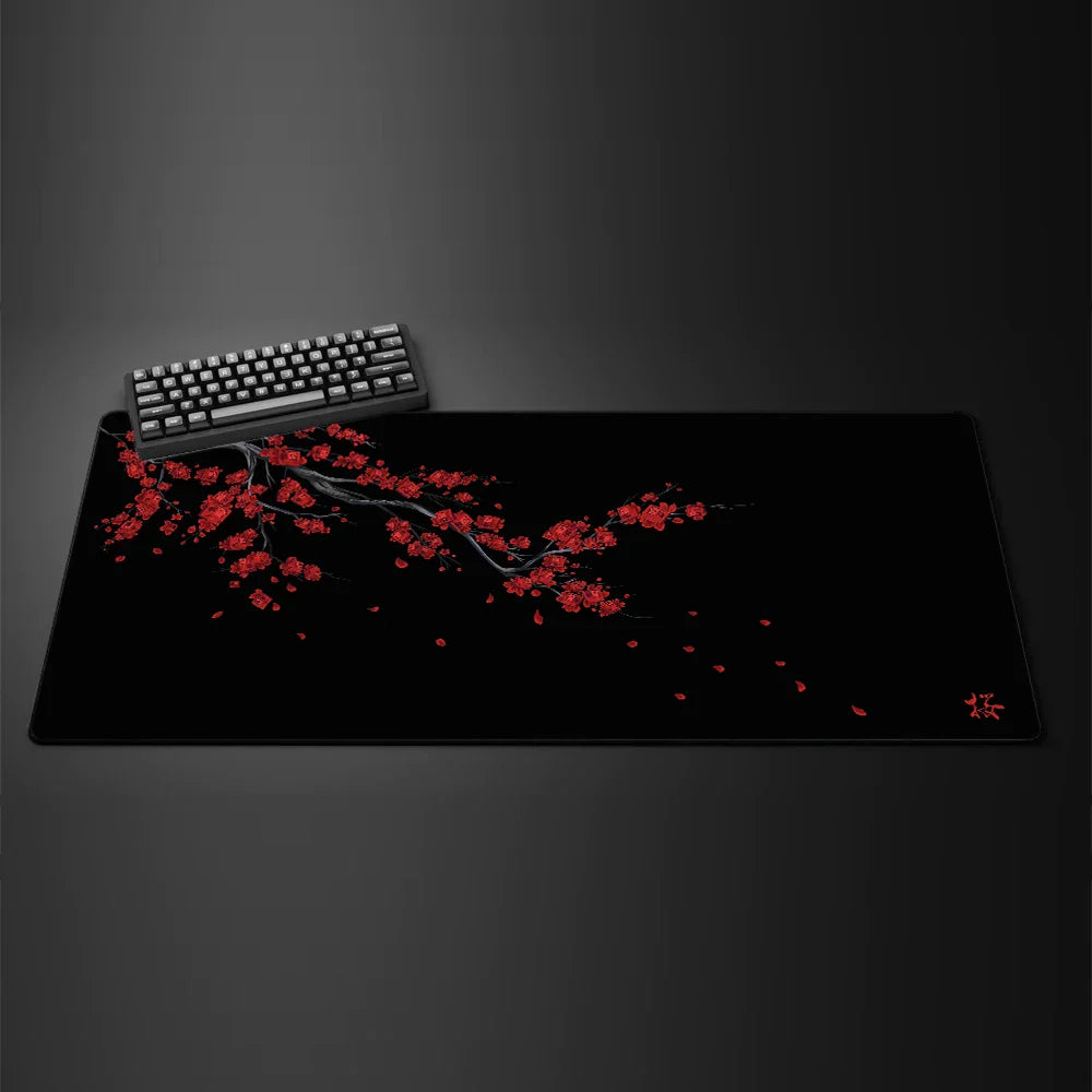 Black Sakura Cherry Blossom Gaming Mouse Pad — Kawaii Purple Large Non-Slip Desk Mat