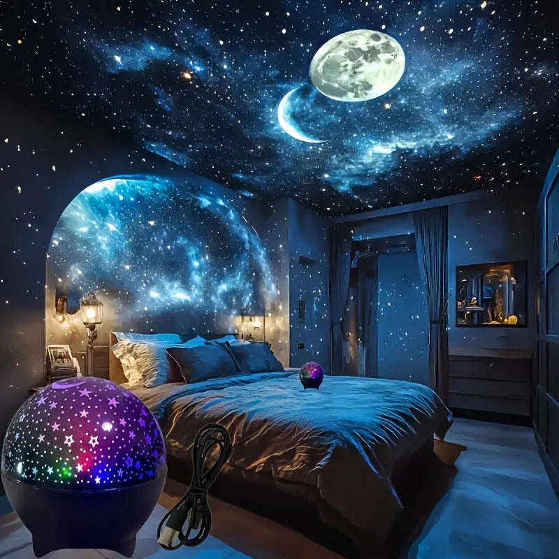 Starry Sky Projector Night Light with Moon Effect 360° Rotating LED Atmosphere Lamp for Kids Bedroom, Party & Birthday Gift