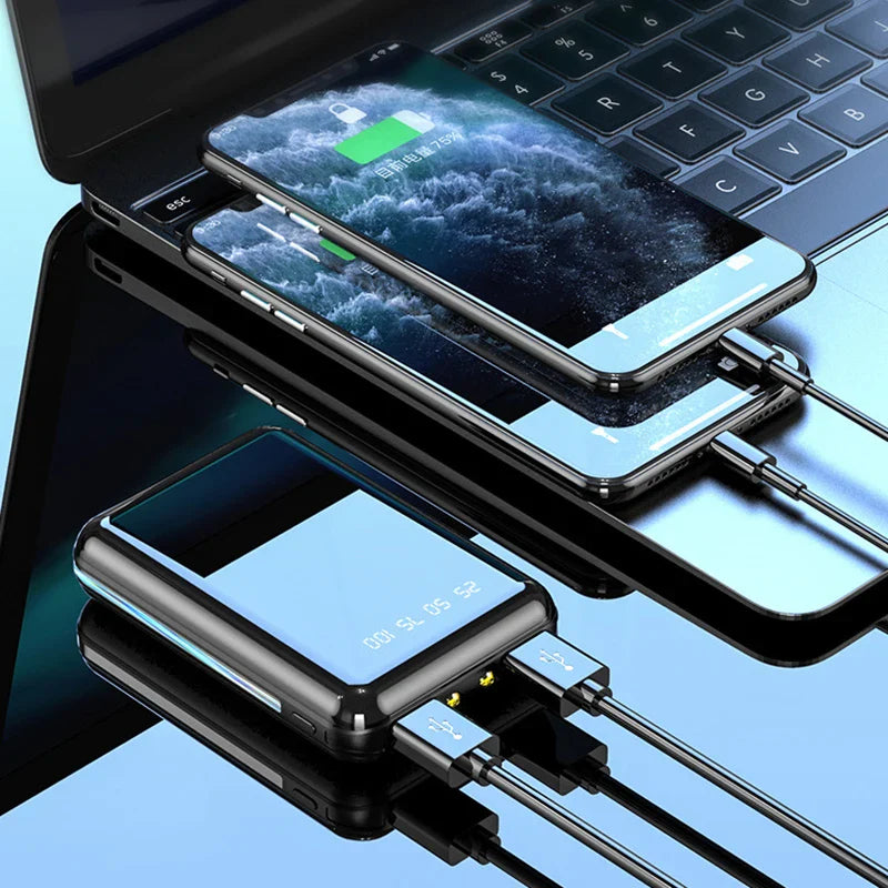 20000mAh Portable Power Bank with LED Mirror Screen, Built-In Cables & Dual USB — External Charger for Smartphones