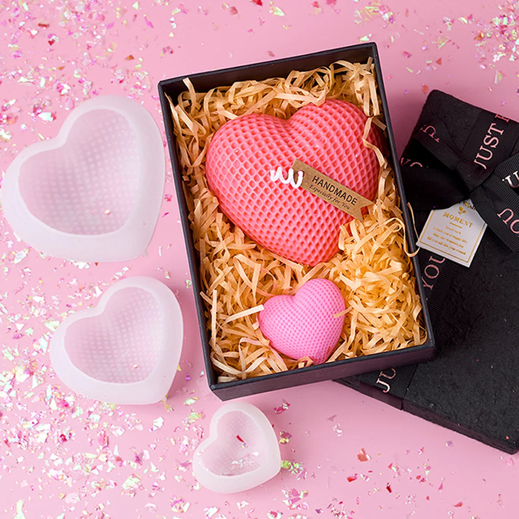 Grid Heart Silicone Mold S/M/L 3D Love Shape Candle and Soap Mold for DIY Valentine's Day Crafts