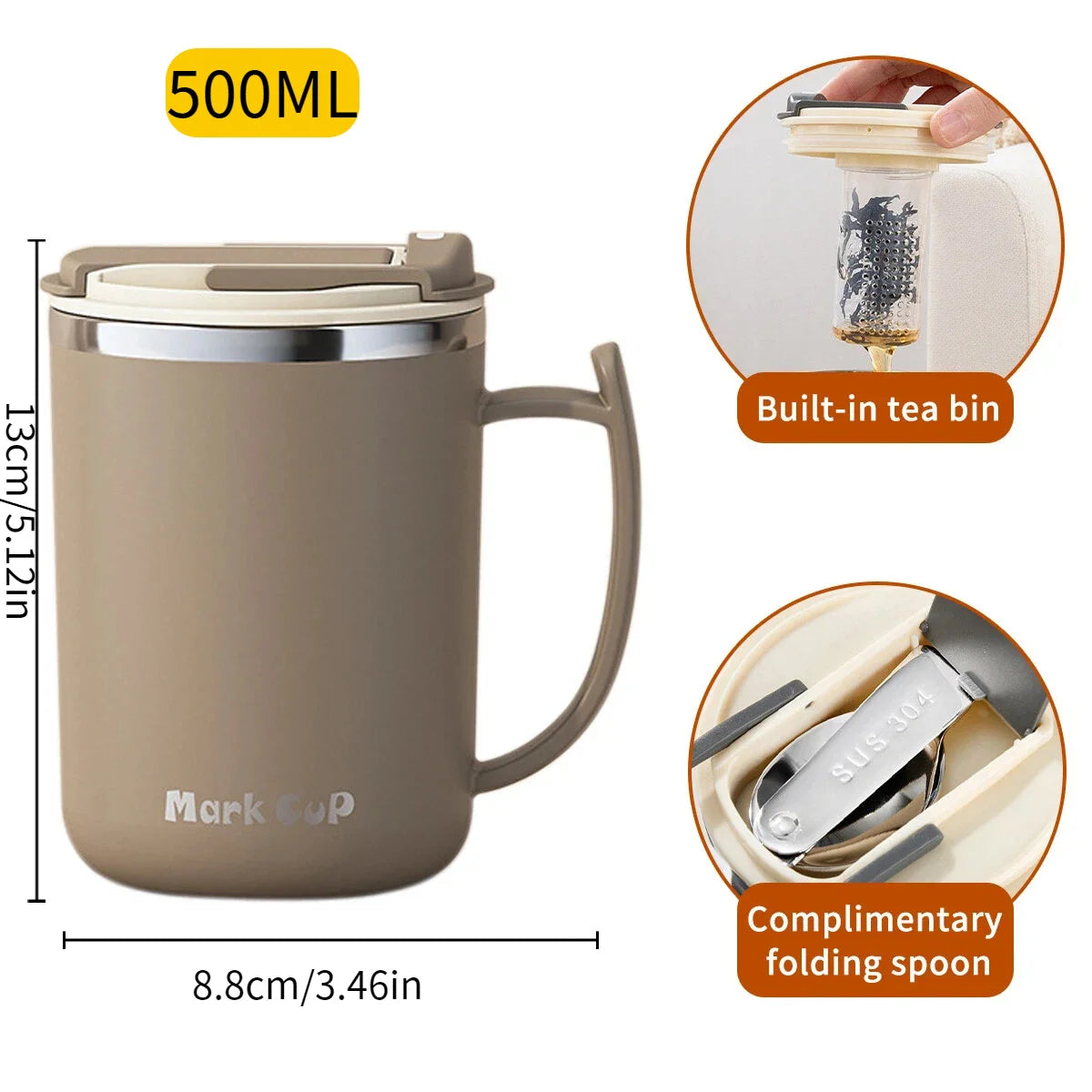 500ml (16.9oz) 304 Stainless Steel Double-Layer Insulated Travel Mug with Handle, Sealed Vacuum Flask