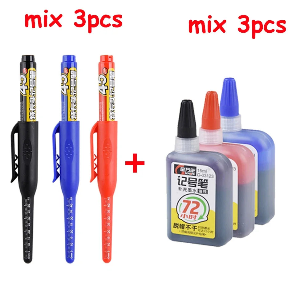 Waterproof Carpenter & Tile Marker Pen 45mm Long Nib — Deep-Hole Woodworking Marker, Black Blue Red (1–6 Pack)