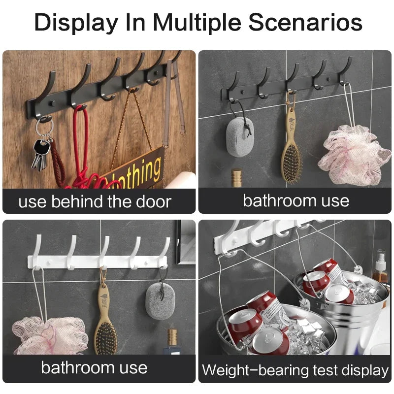 6-Peg Folding Wall Hooks – Aluminum Nail-Mount Towel & Coat Rack, Black/White