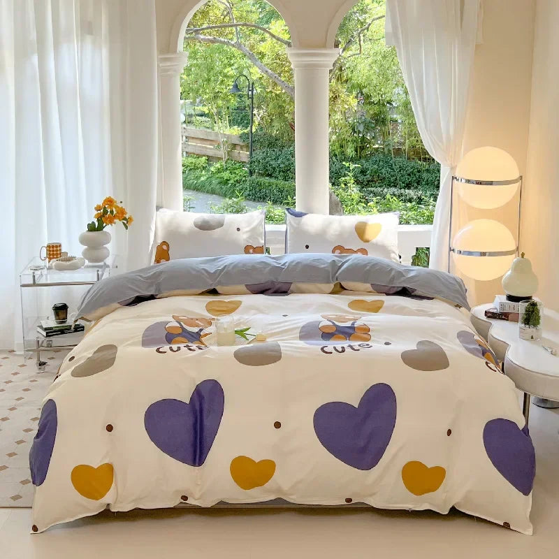 Kawaii Bear Floral Duvet Cover Bedding Set – 3PC/4PC Duvet Cover, Bed Sheet & Pillowcases | Full Queen King (Multiple Sizes)