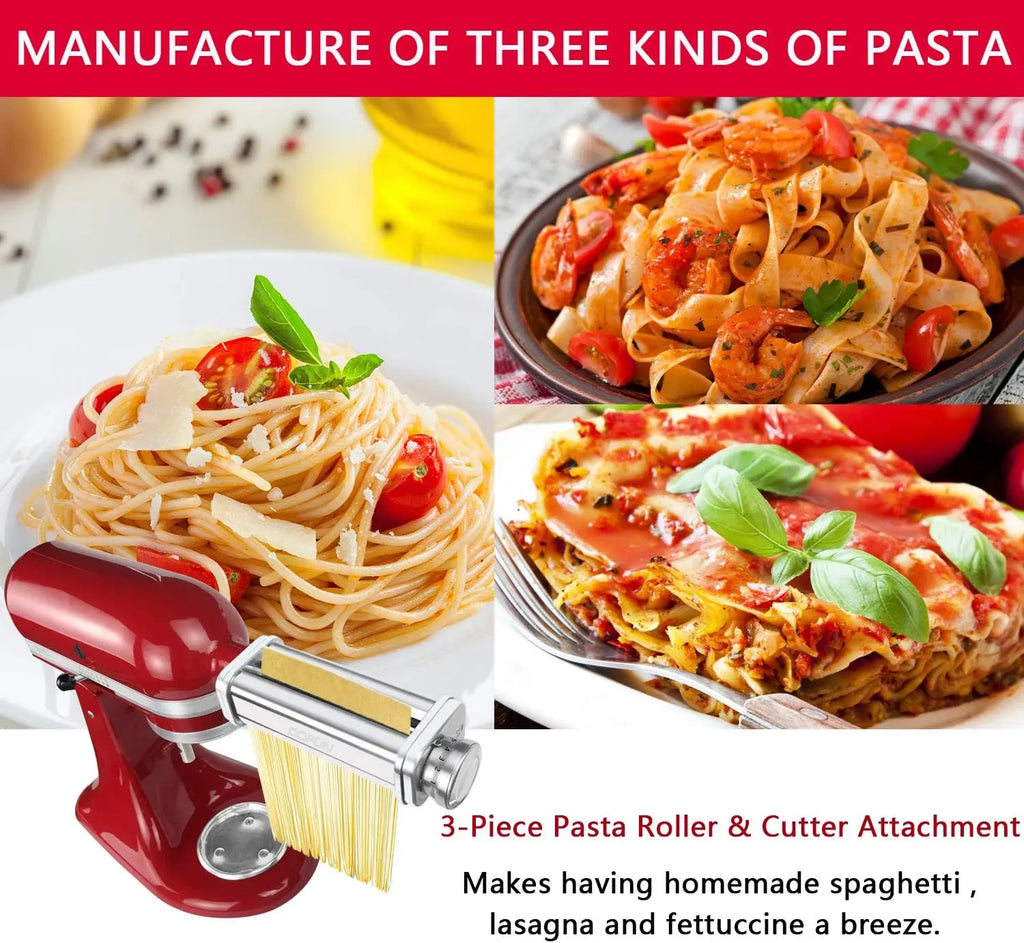 Stand Mixer Pasta Attachment — 304 Stainless Steel Pasta Sheet Roller with Spaghetti & Fettuccine Cutters, Fits Most Power-Hub Mixers