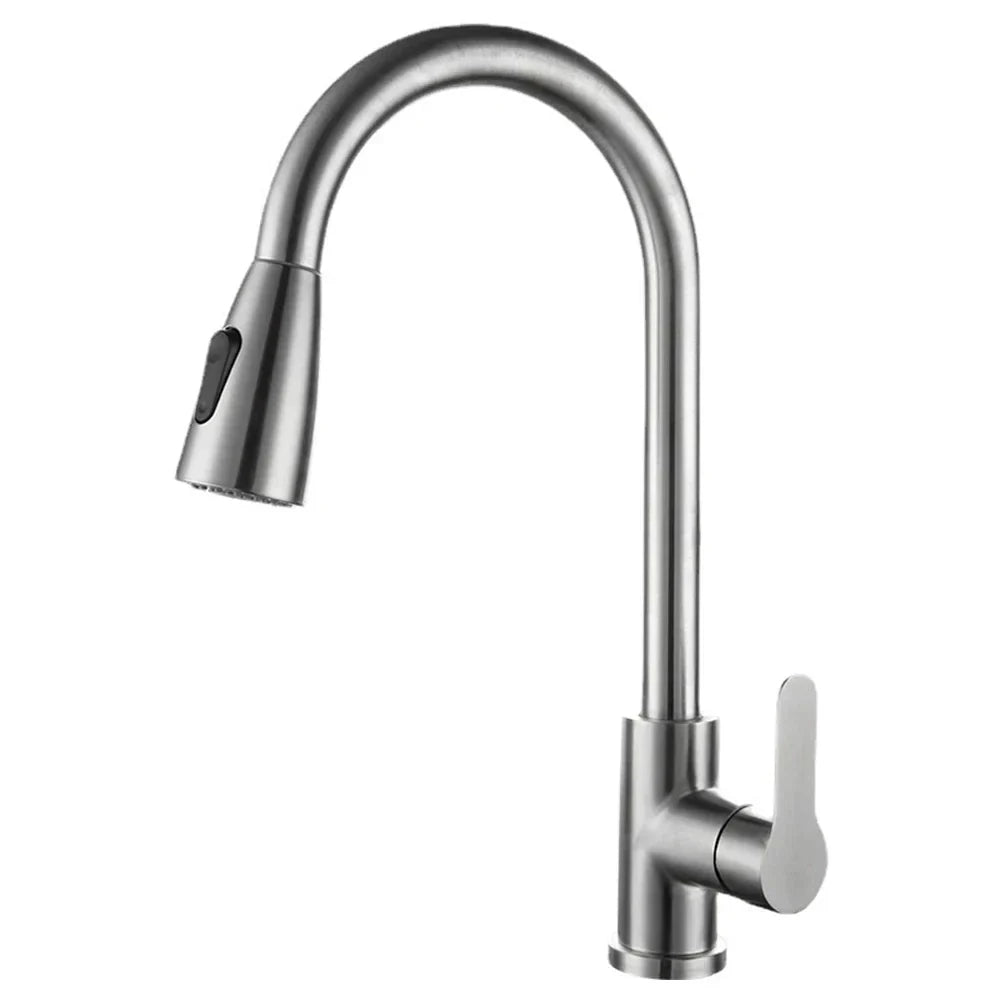 Brushed Nickel Pull-Out Kitchen Faucet — Deck-Mounted Single-Handle 360° Rotating Sprayer, Hot & Cold