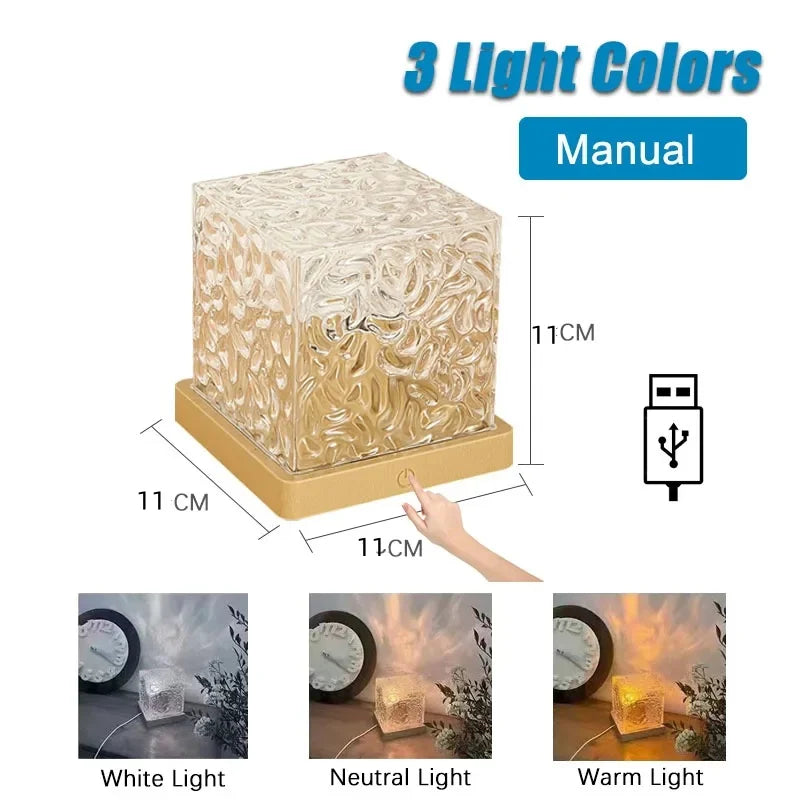 Rotating Water Ripple Night Light Projector 3 or 16 Color LED Crystal Lamp with Remote & USB for Bedroom & Living Room
