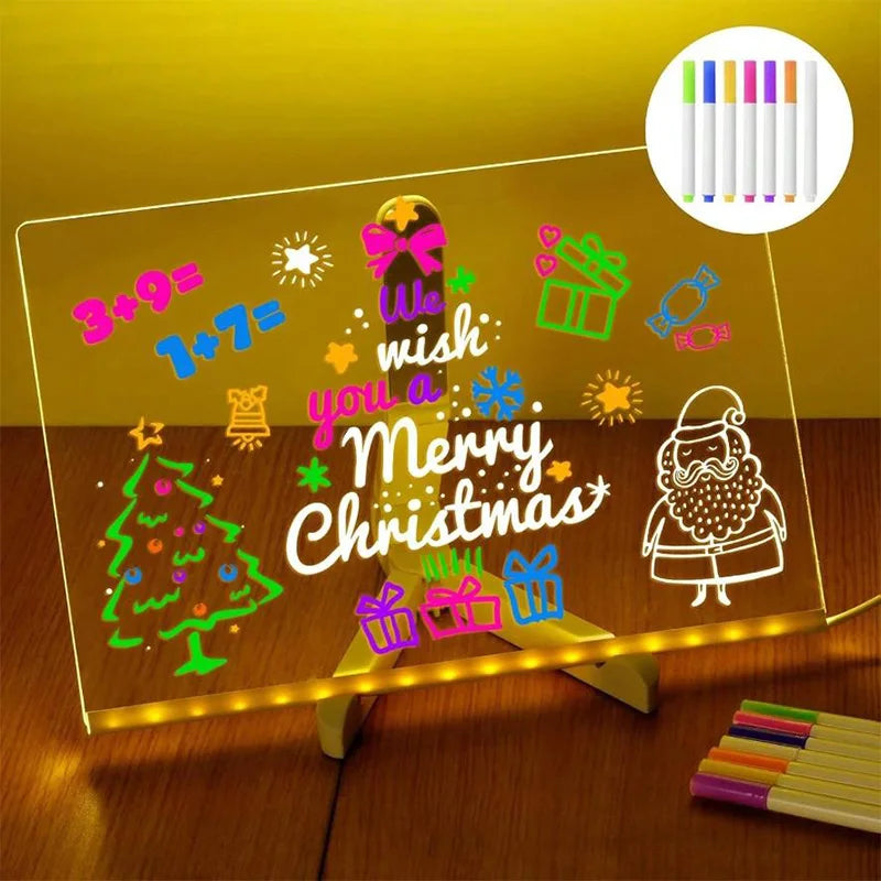 USB LED Acrylic Message Board Night Light with 7 Color Marker Pens — Rewritable Glowing Writing & Drawing Board for Home, Office & School