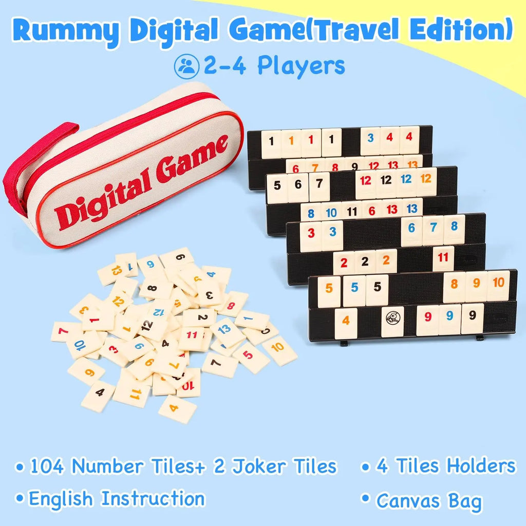 Rummy Cube Tile Game Set — 106 Tiles with 4 Racks & Portable Case — Travel Family Board Game