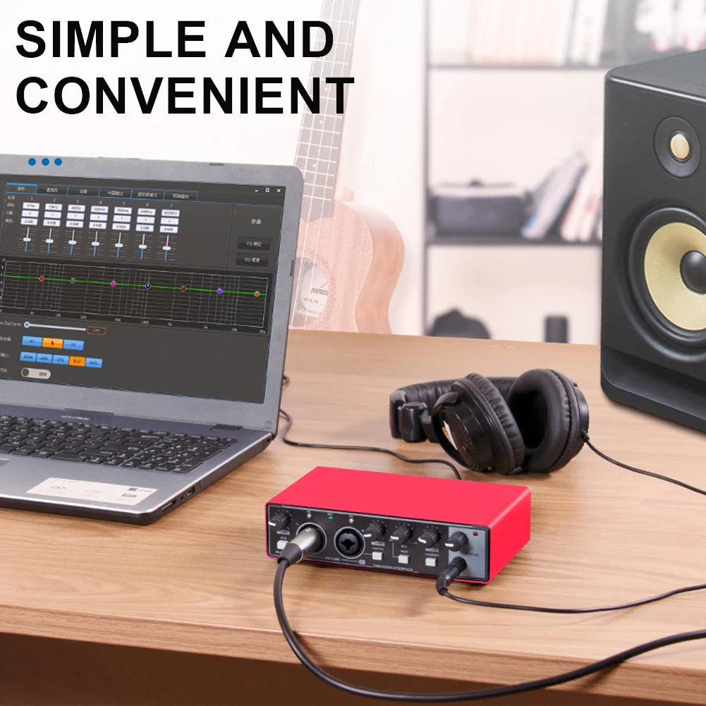 USB Audio Interface 48V Phantom Power 24-bit/192kHz — 2-in/2-out Portable Sound Card with Loopback & Zero-Latency Monitoring for Guitar and Vocal Recording