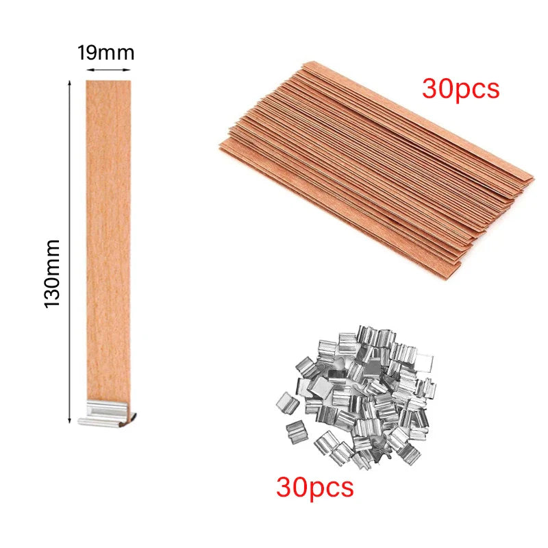 30/50-Pack Cherry Wood Candle Wicks with Metal Clip Bases – Smokeless Wooden Wicks for DIY Jar Candles