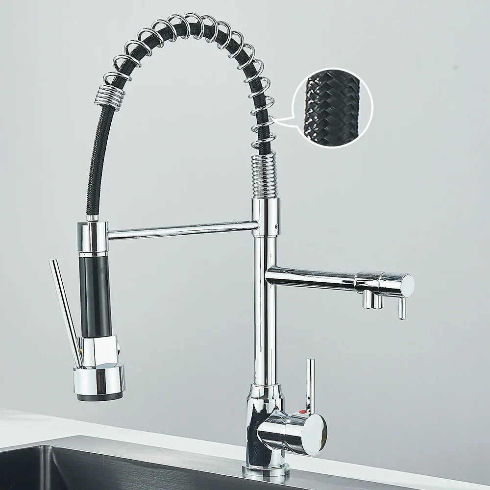 Pull-Down Spring Kitchen Faucet Single Lever Mixer Retractable Dual Spout Hot & Cold Stainless Steel