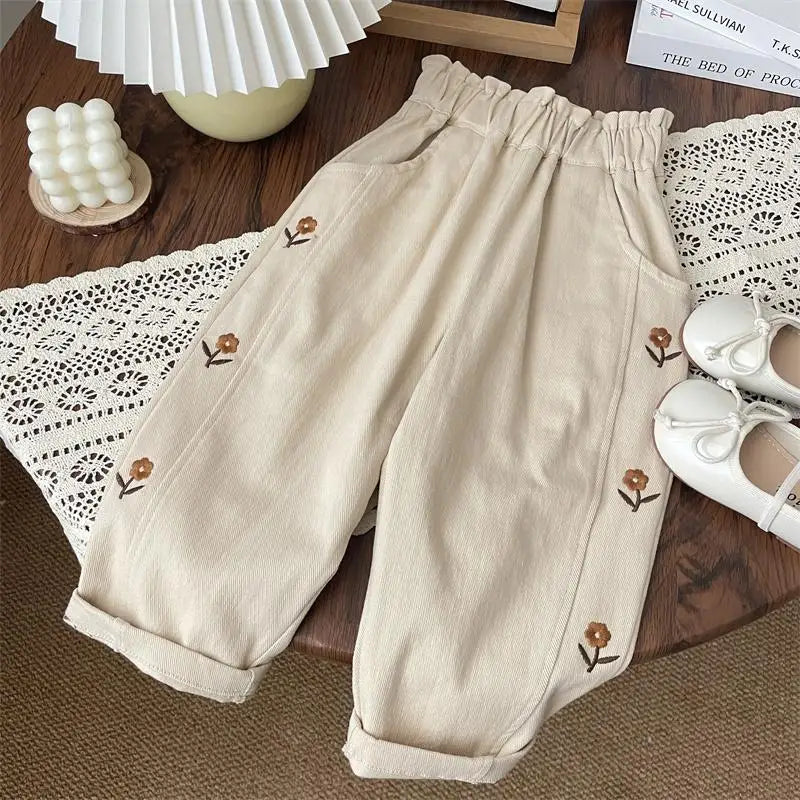 Girls Floral Embroidered Cotton Harem Pants 2-6T Elastic Waist Casual Autumn Trousers