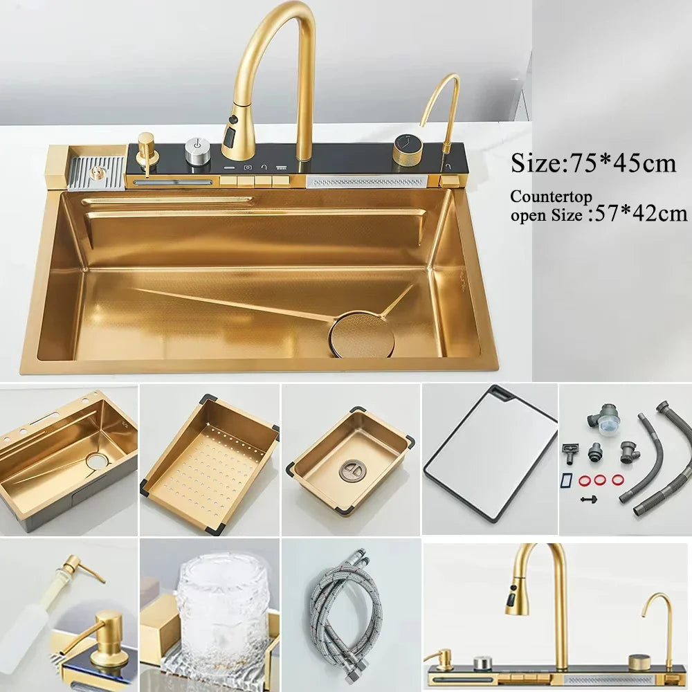 304 Stainless Steel Undermount Kitchen Sink Single Bowl 75 x 45 cm (29.5 x 17.7 in) Brushed Finish with Waterfall Faucet, Digital Display and Soap Dispenser