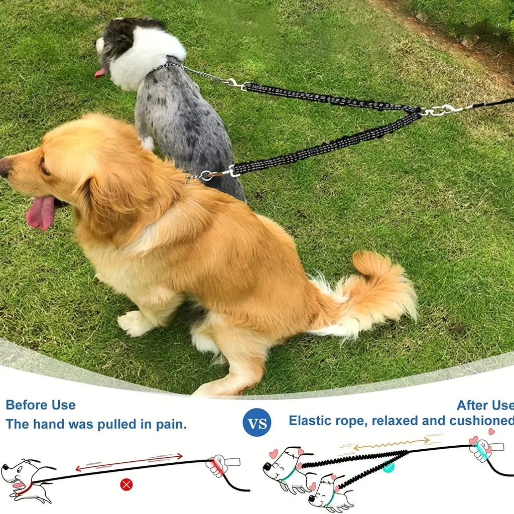 Double Dog Leash Coupler – No-Tangle Bungee Splitter with Shock-Absorbing, Reflective Lead for Safer Night Walks