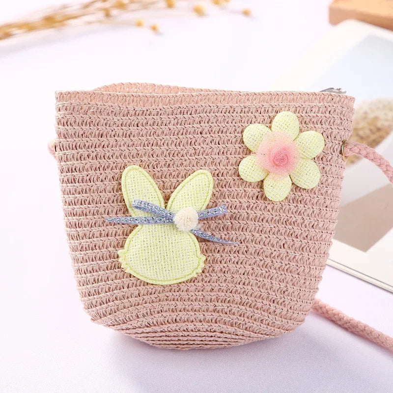 Girls Daisy Straw Mini Messenger Bag, Kids Shoulder Handbag with Coin Purse