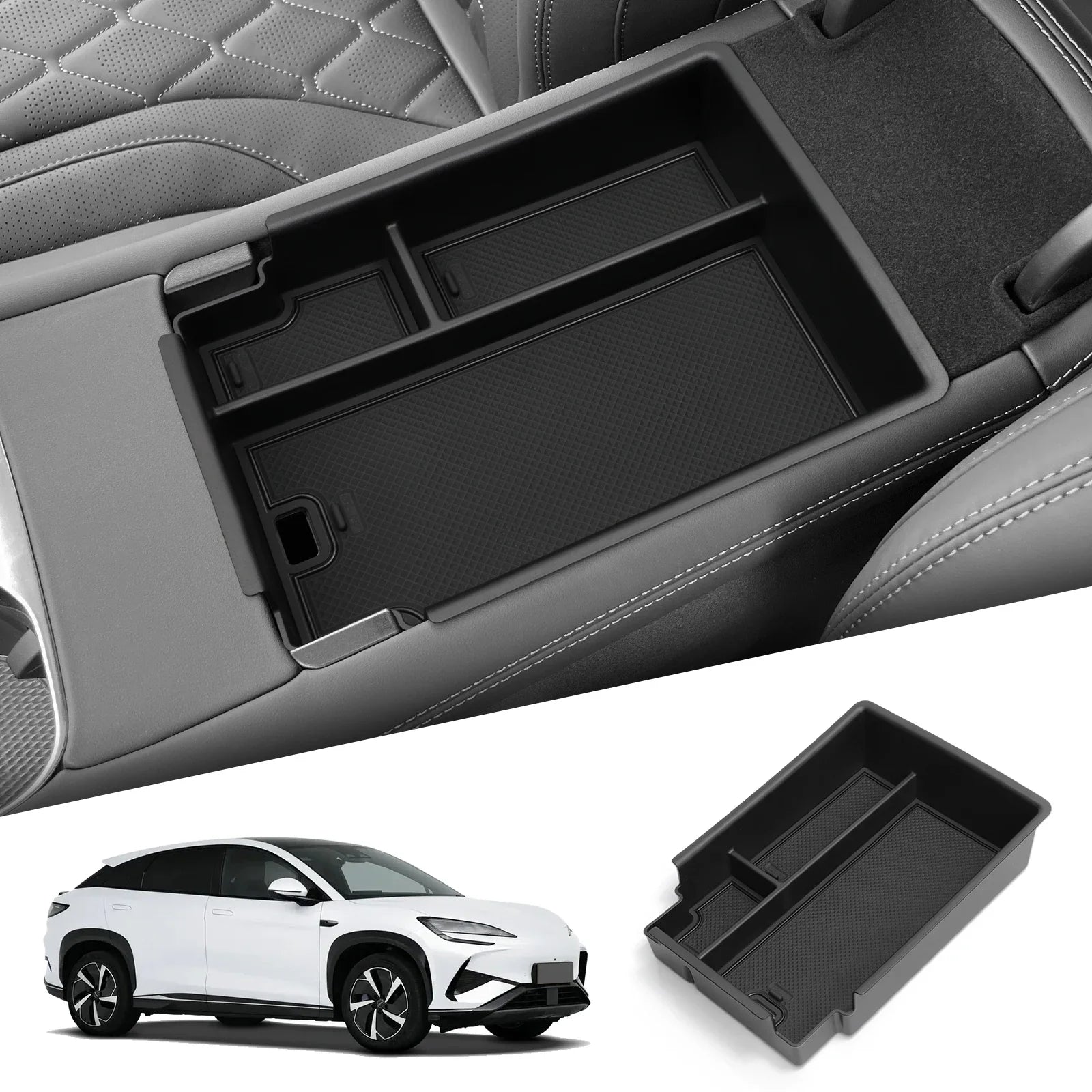 Center Console Storage Tray with Silicone Anti-Slip Pad, Armrest Cup Organizer, Black