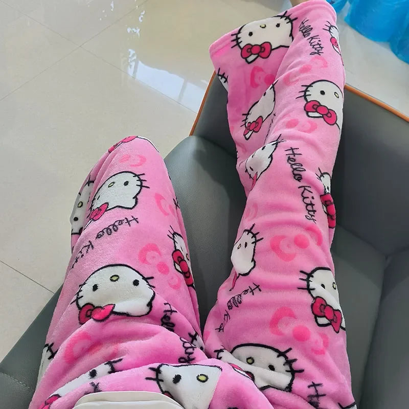 Women’s Flannel Fleece Pajama Pants – Kawaii Cartoon Elastic Waist Lounge & Sleep Trousers, Soft Anime Sleepwear Gift