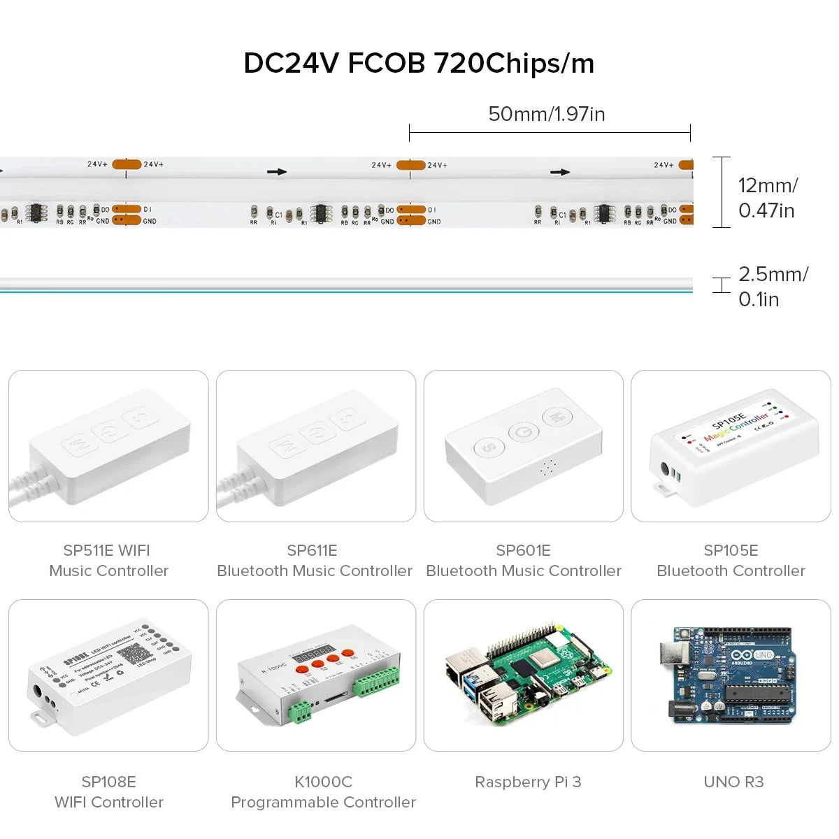 Pixel Addressable COB WS2811 LED Strip – 630/720 LEDs/m, 12mm High-Density RGB Dream Color, DC12/24V