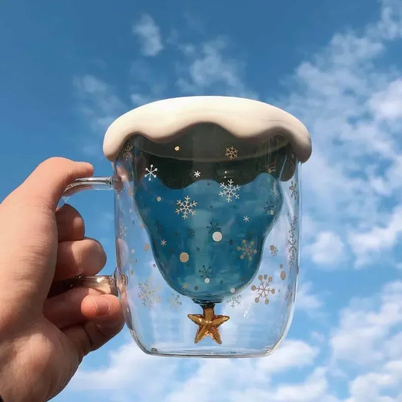 Christmas Tree Double Wall Glass Coffee Mug 300ml (10 fl oz), Heat-Resistant Cartoon Snow Mountain Design