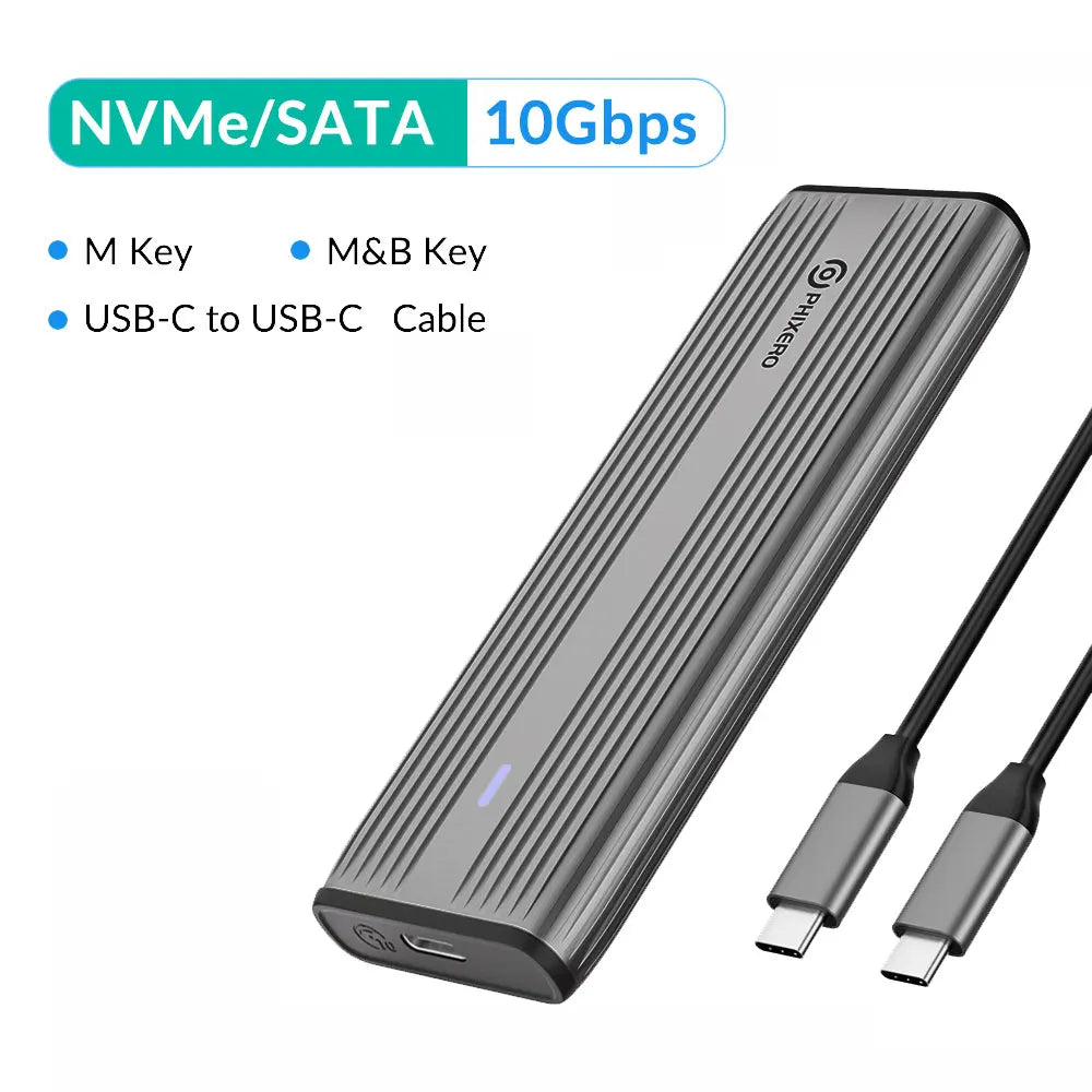 M.2 NVMe & SATA SSD Enclosure USB-C 10Gbps (USB 3.1 Gen2) Tool-Free Aluminum Case — Supports 2230/2242/2260/2280
