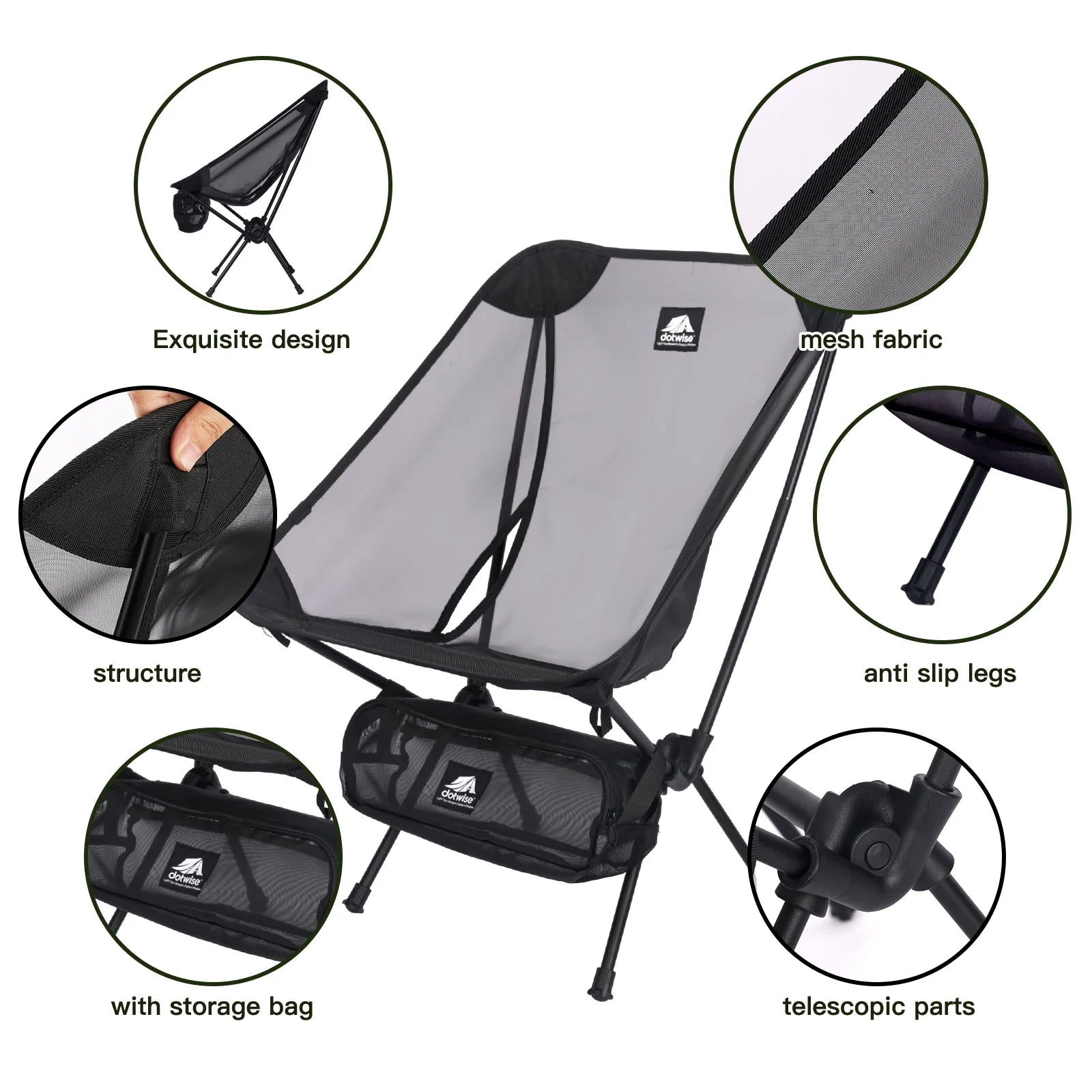 Breathable Mesh Moon Chair – Lightweight 7075 Aluminum Foldable Camping & Fishing Chair with Carry Bag